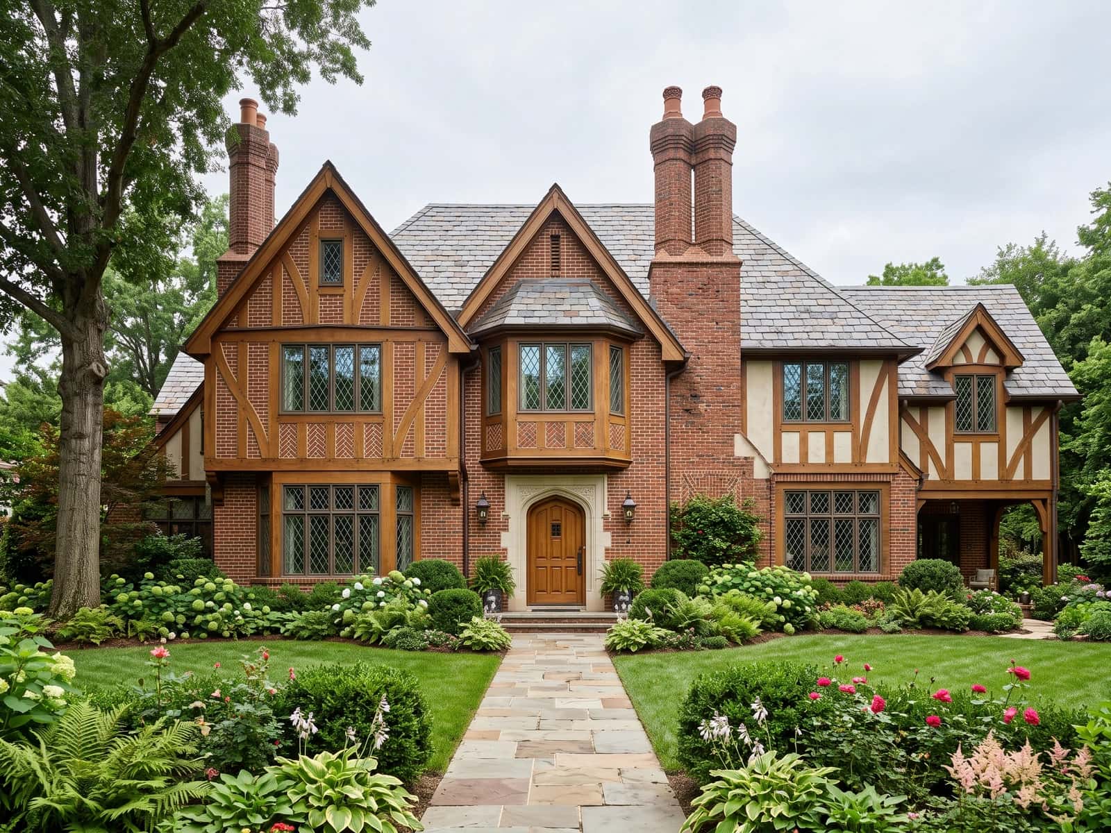 Restored brick Tudor behind an established garden