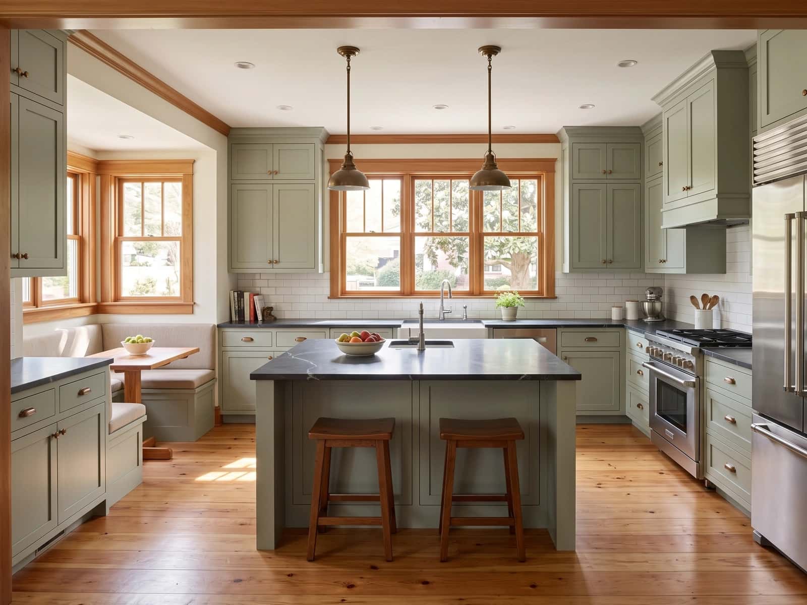 Bright renovated kitchen opening to a breakfast nook