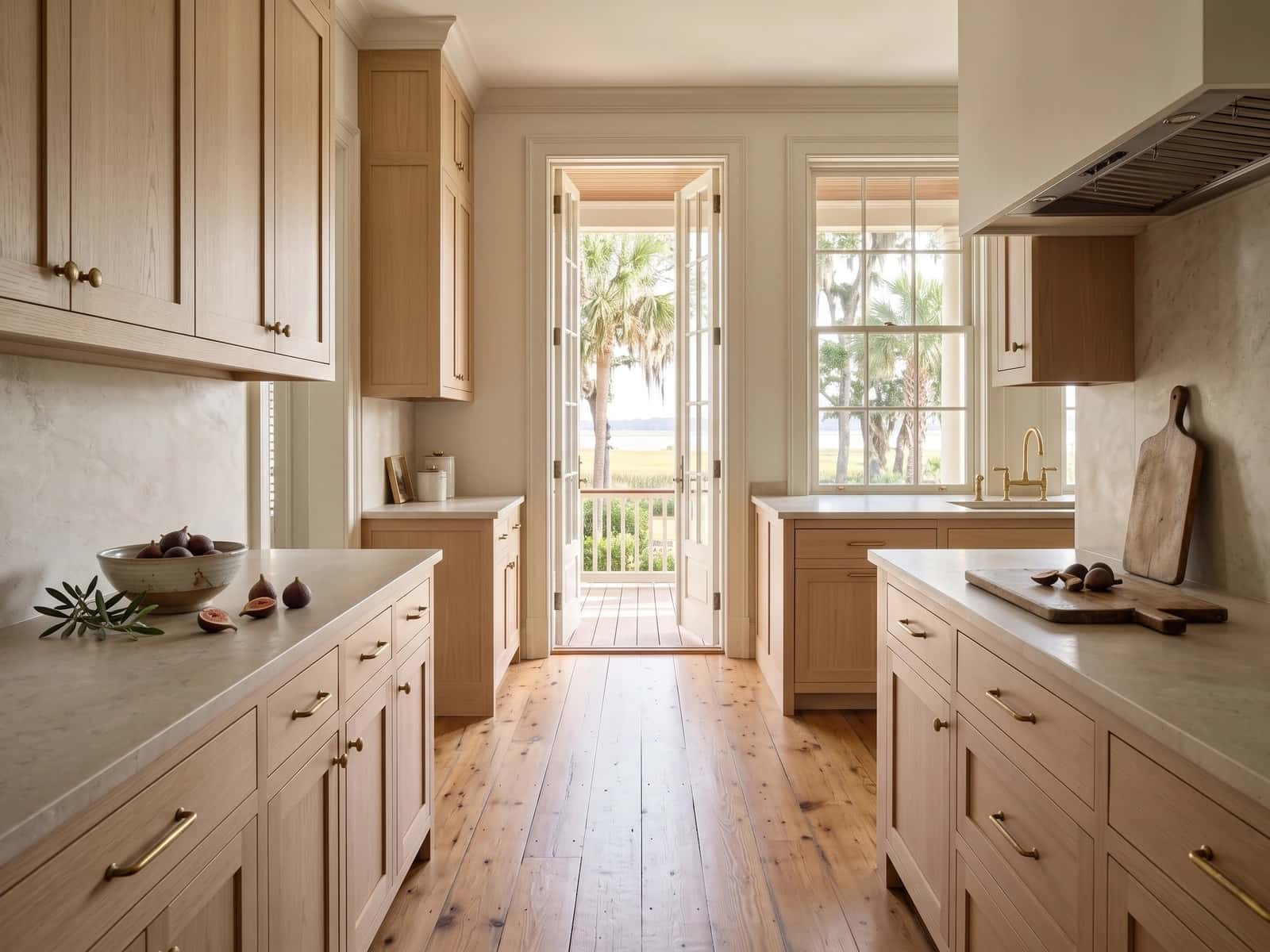 Coastal kitchen with pale oak and honed stone