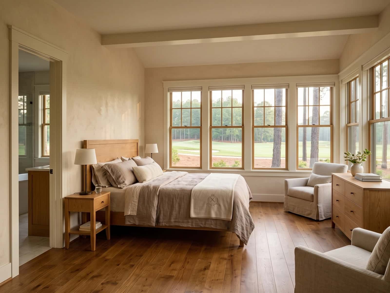 Single-level primary suite with woodland views