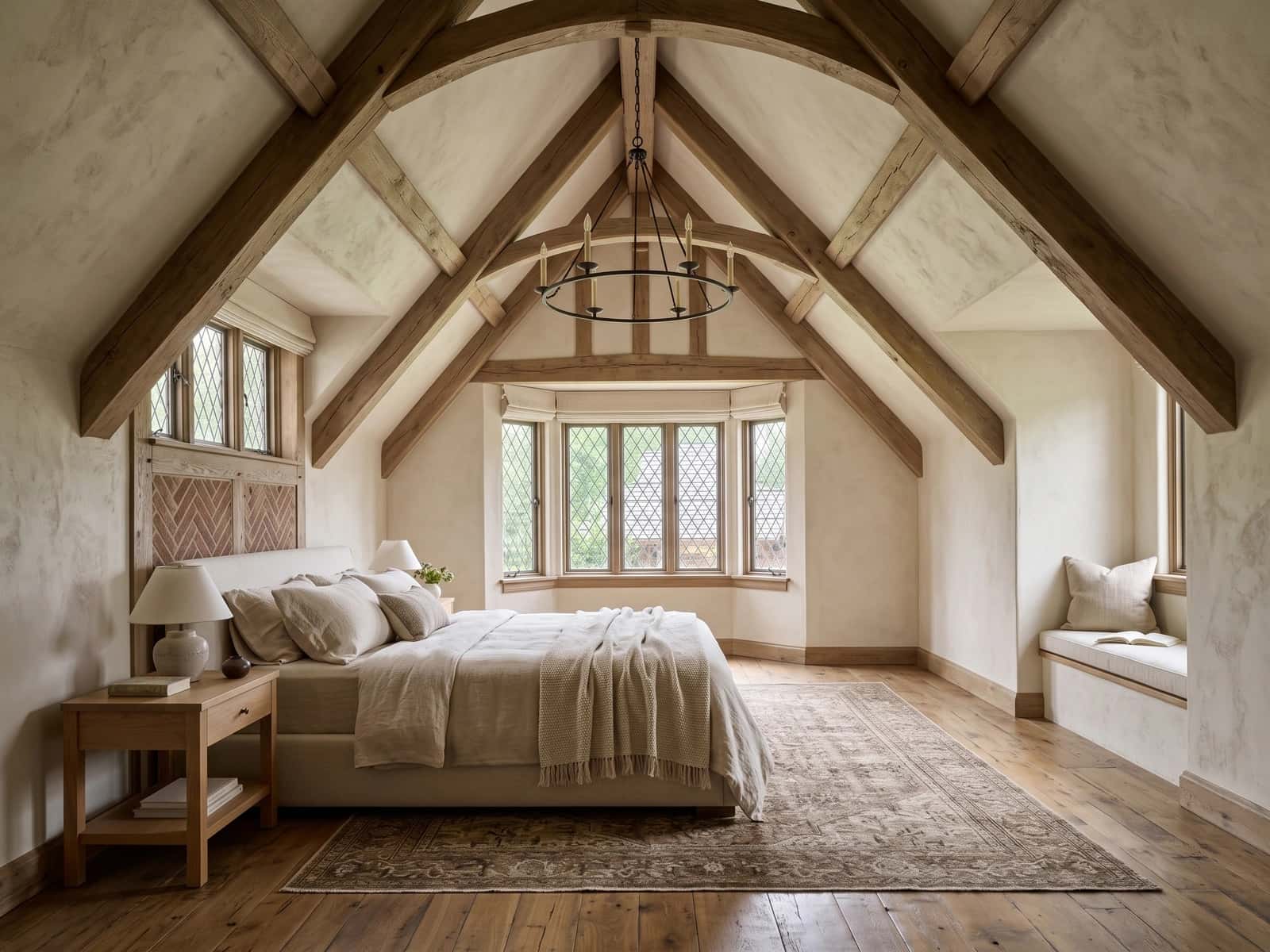 Calm primary bedroom beneath the home's original roofline