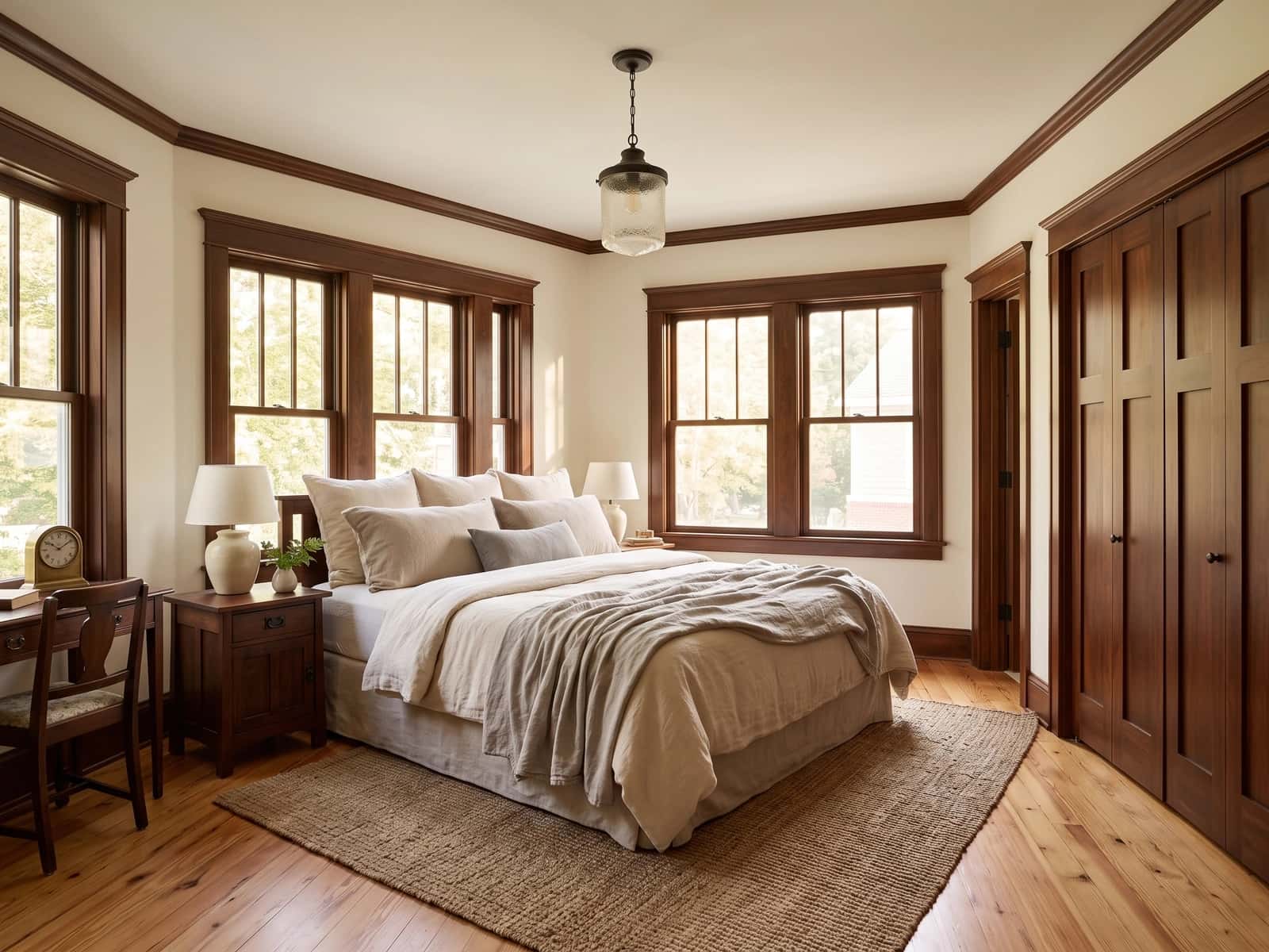 Softly layered primary bedroom with restored windows