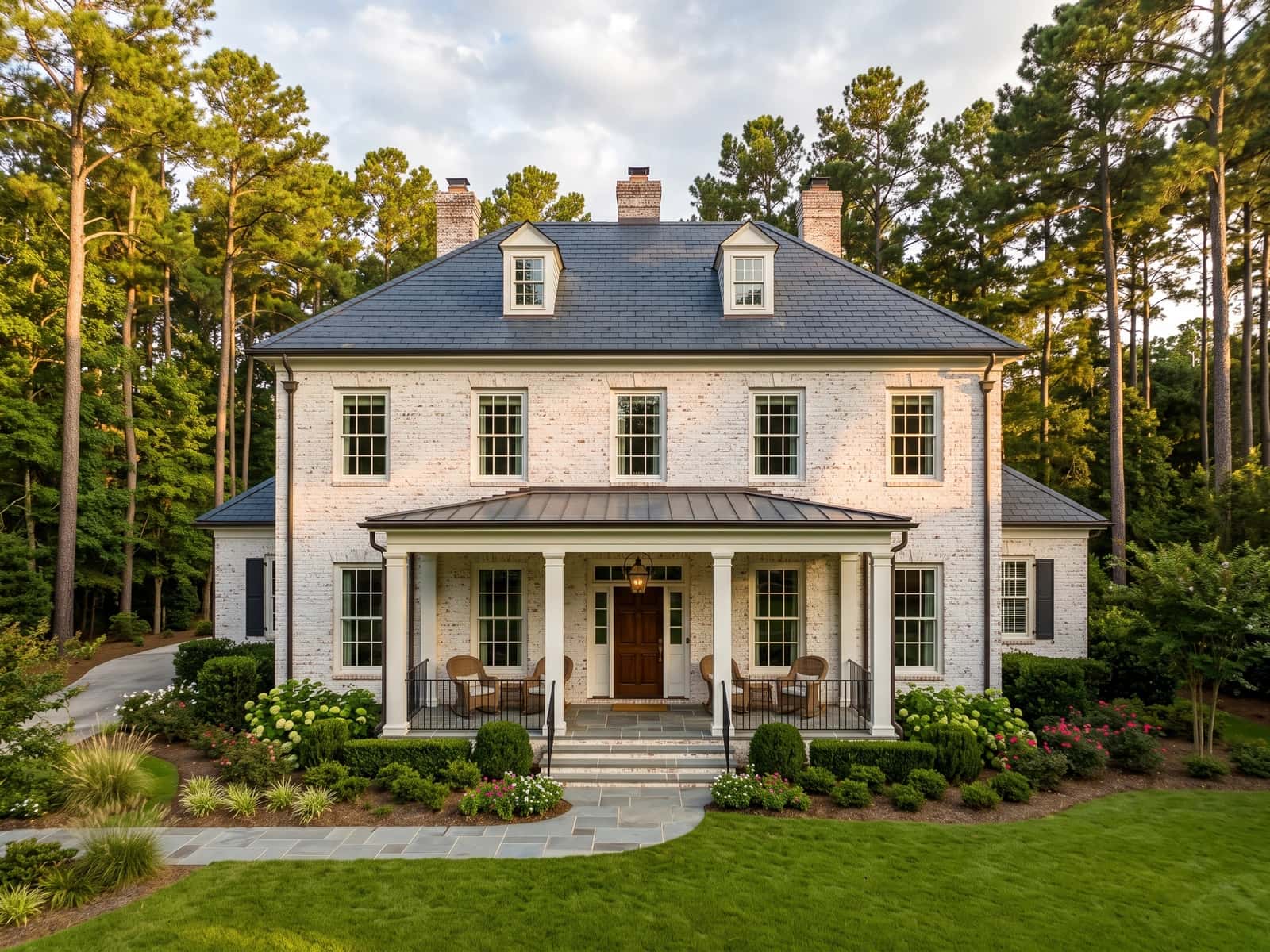 White brick Pinehurst home beneath mature longleaf pines