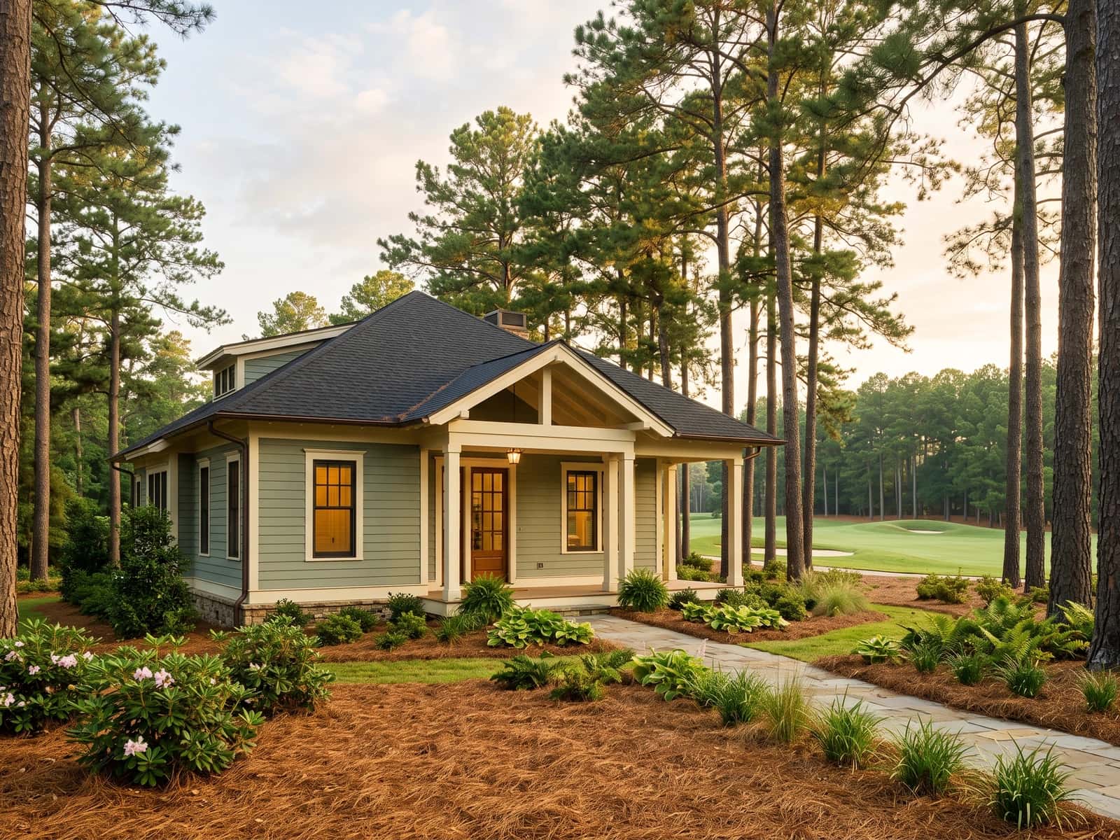 Sage-green golf cottage beneath mature pines
