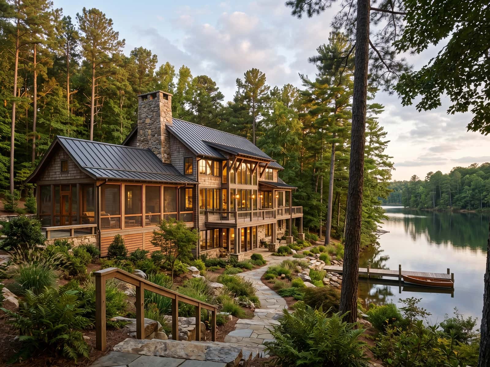 Cedar-shingle lake house framed by pines
