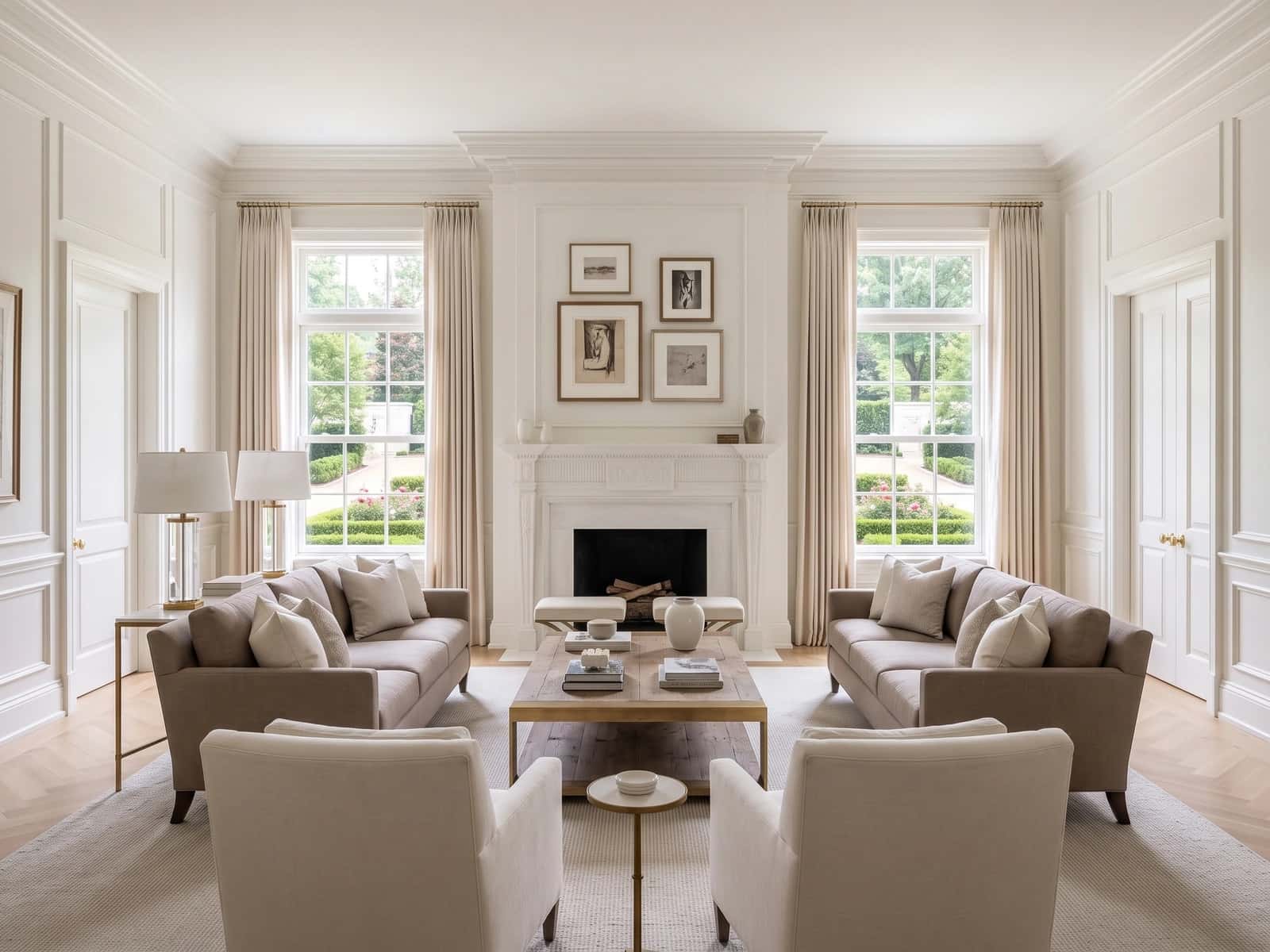 Gracious living room with tailored millwork