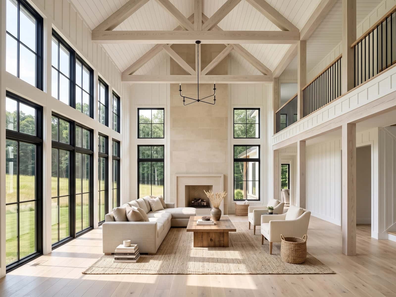 Double-height living room with quiet natural materials