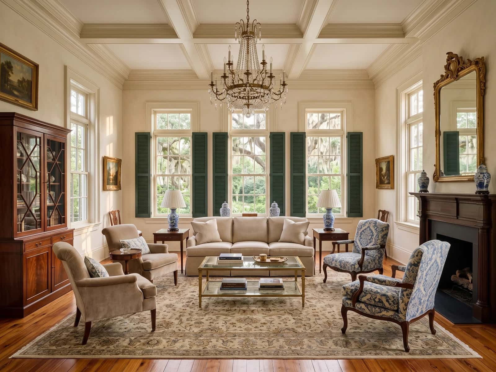 Tall-windowed living room with classical proportions