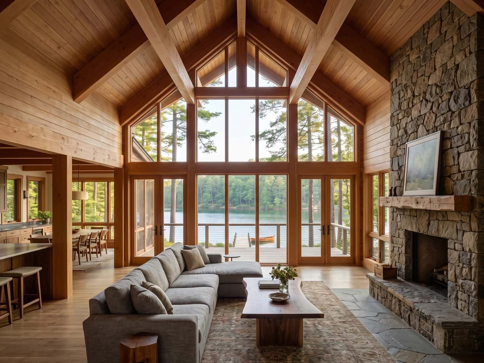Vaulted living room with broad lake-facing windows