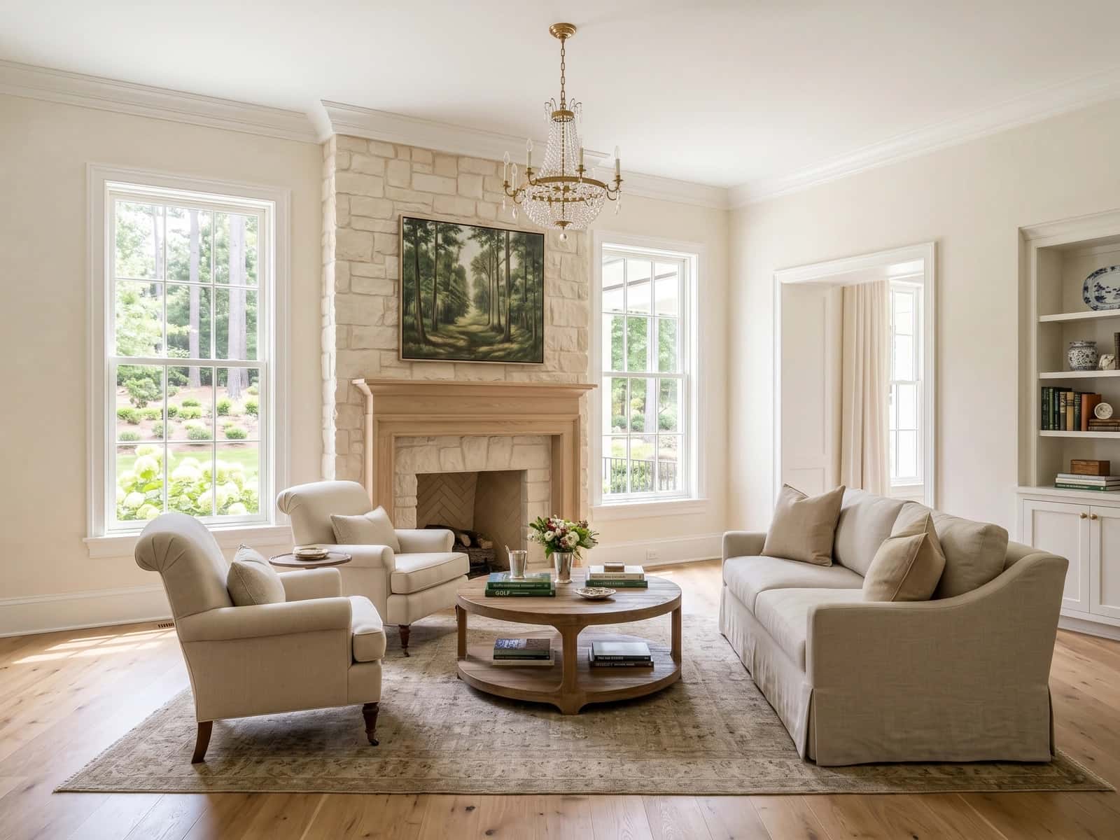 Light-filled living room with fireplace and garden views