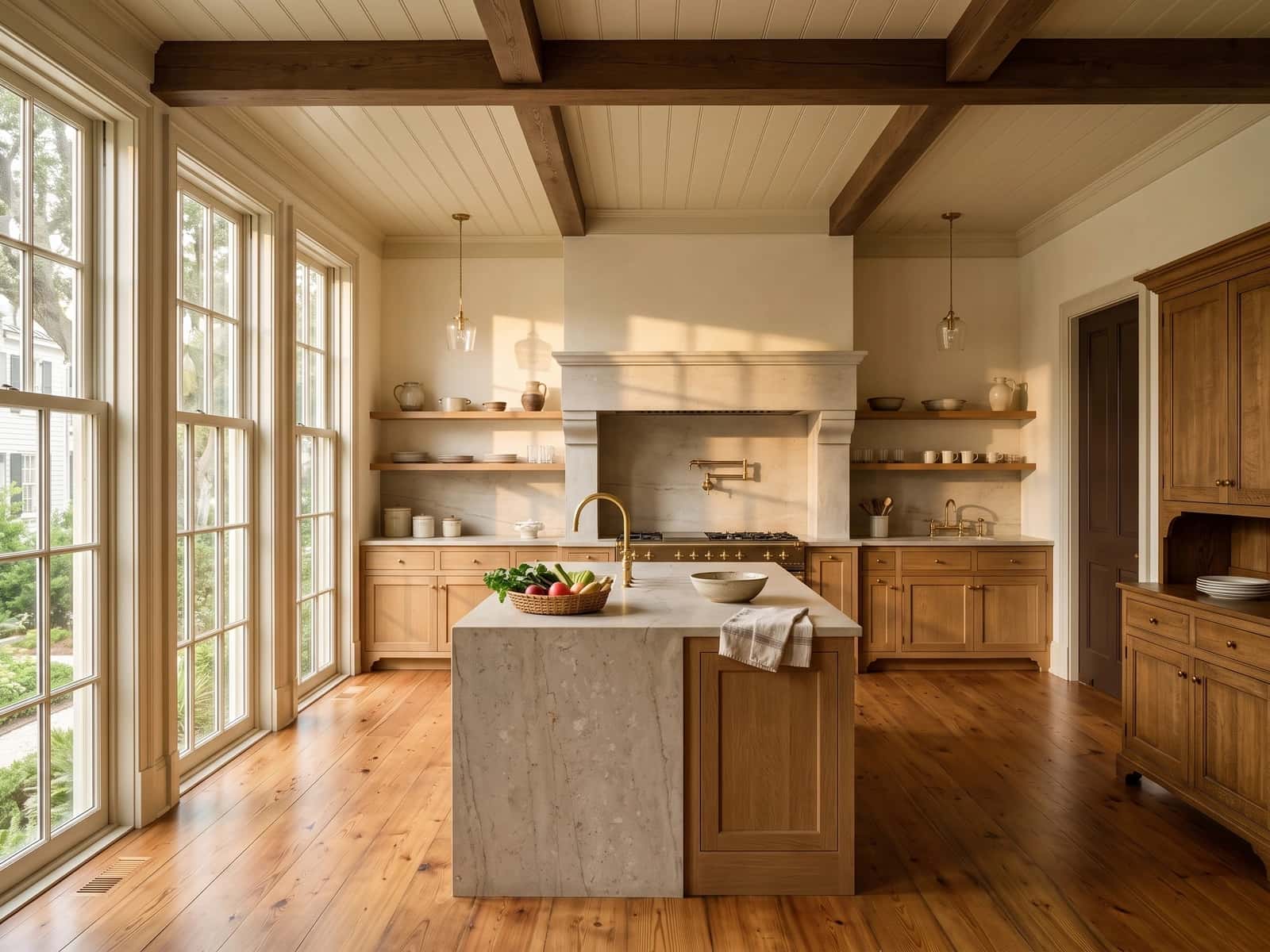 Refined kitchen in limestone, oak, and unlacquered brass