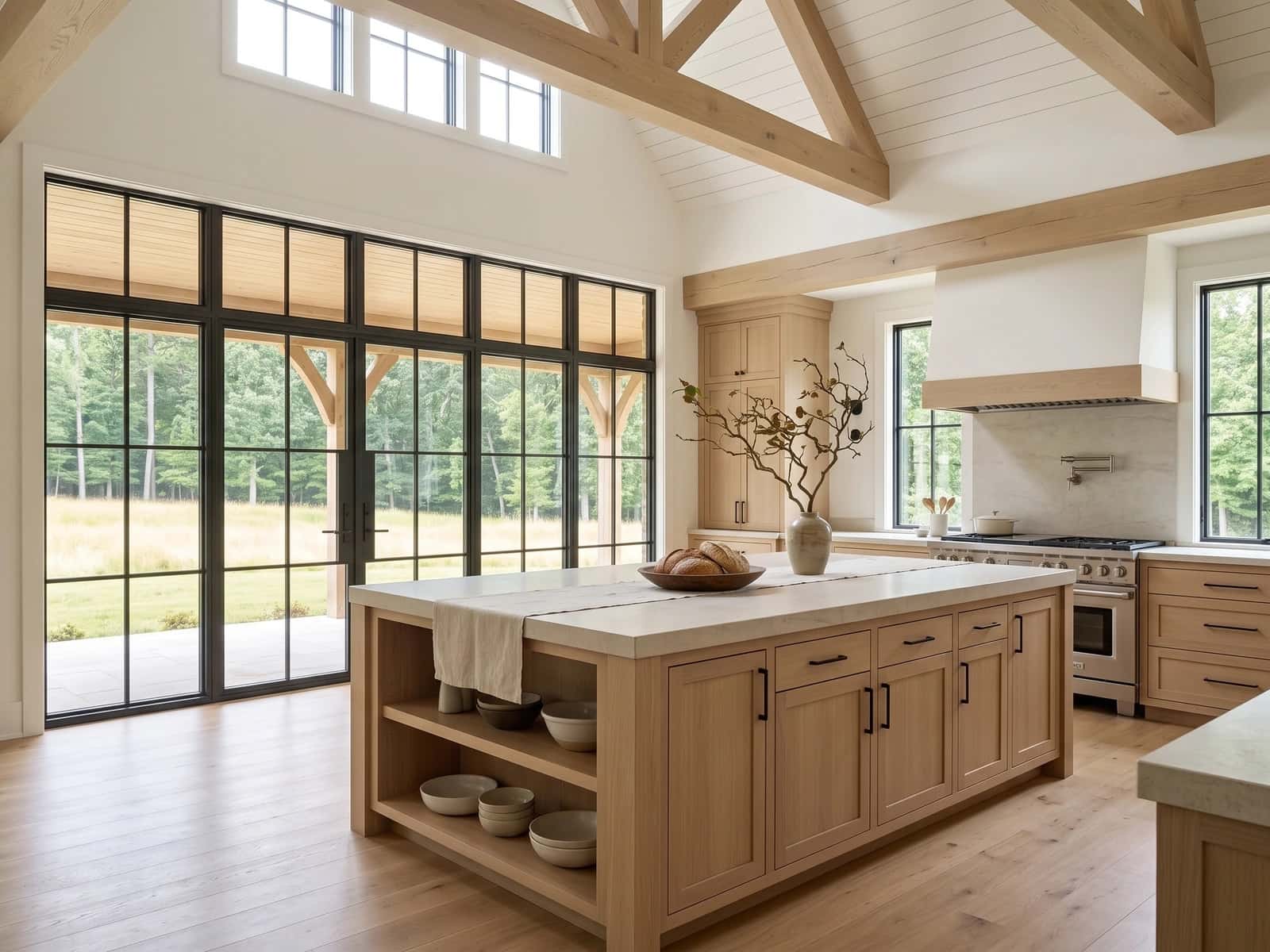 Gathering kitchen with limestone and white oak