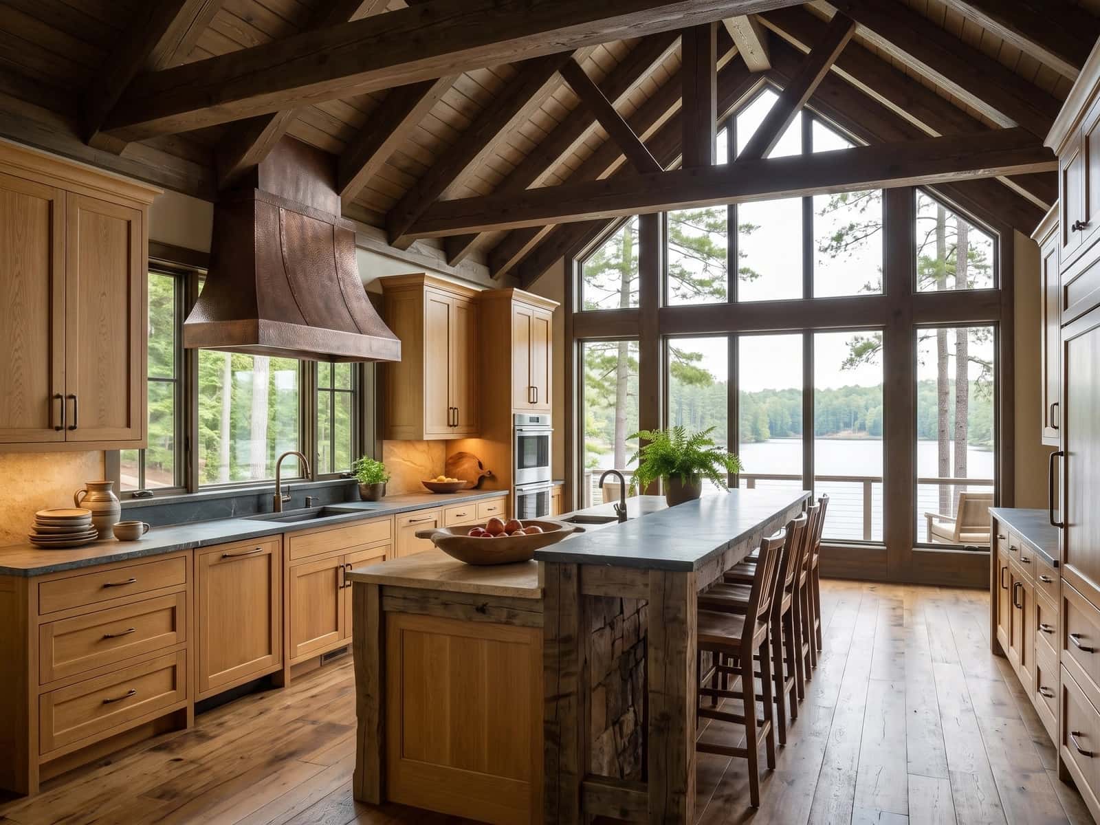Warm oak kitchen with stone counters