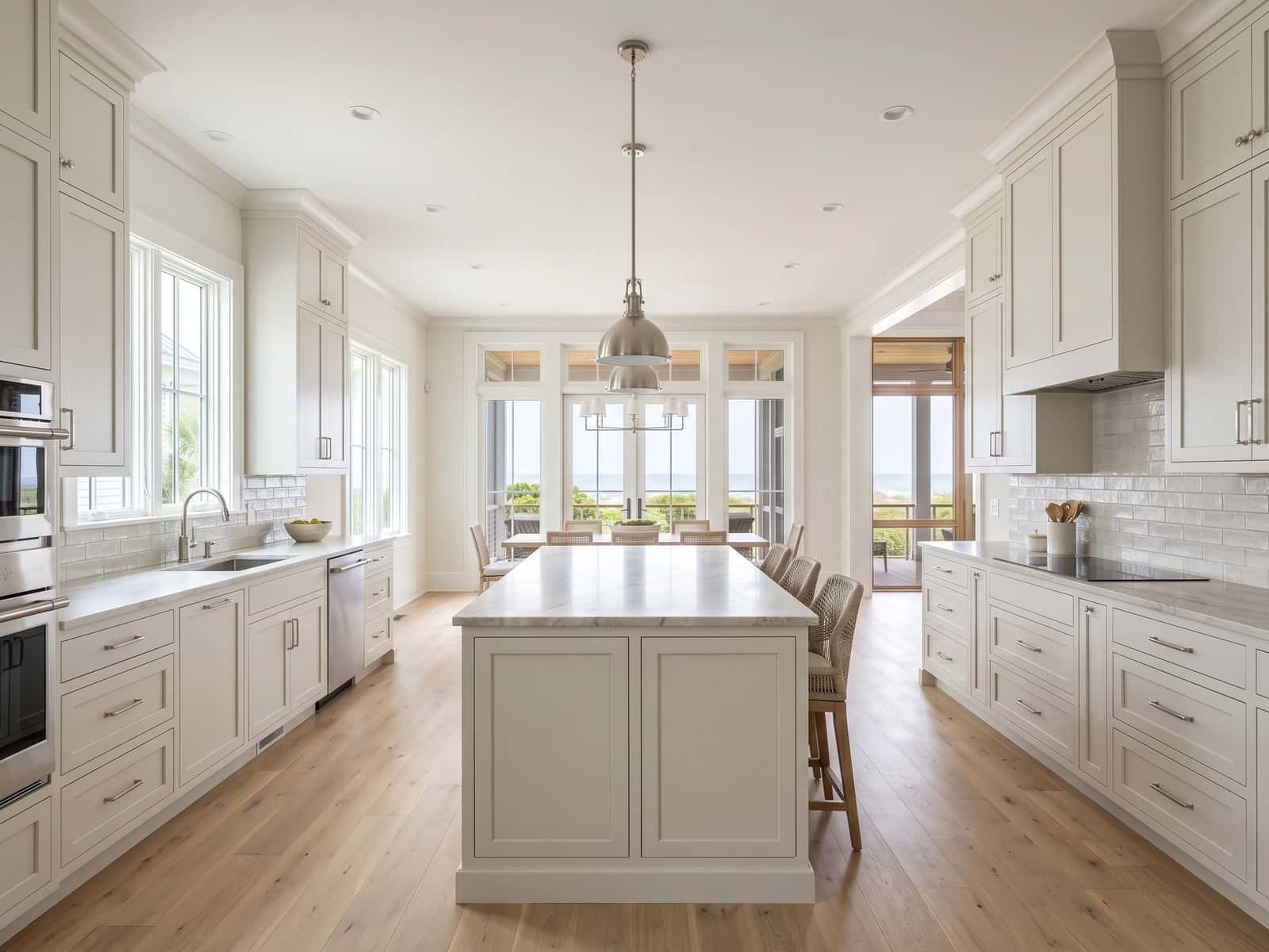 Open kitchen with pale cabinetry and a large island