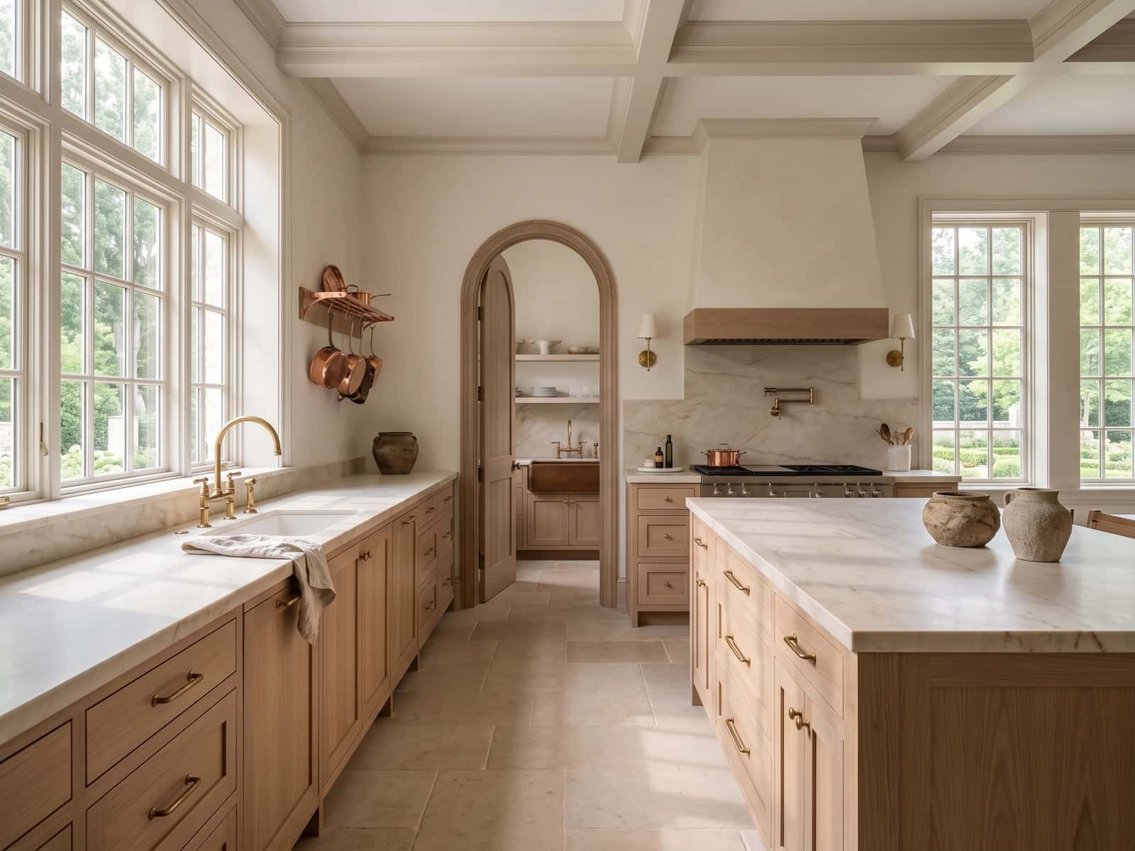 Stone and oak kitchen opening to the family room
