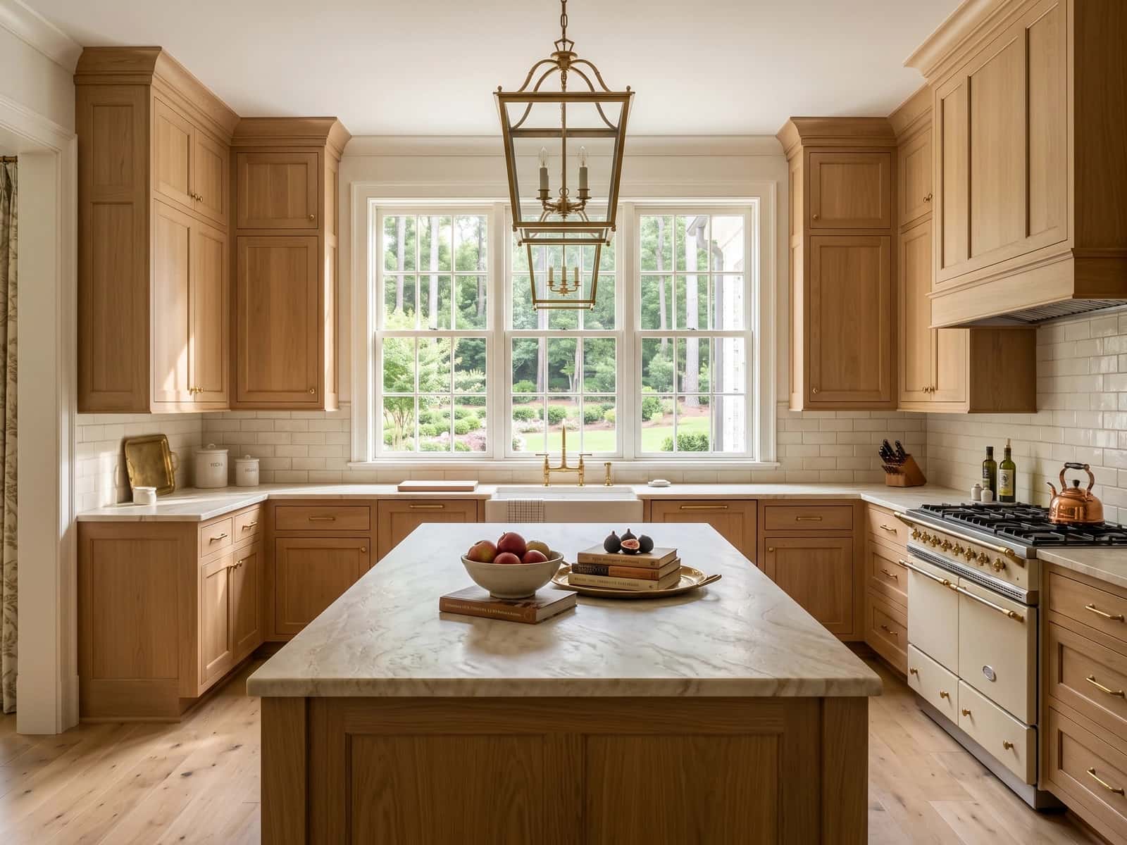 Tailored kitchen with natural stone and warm oak cabinetry