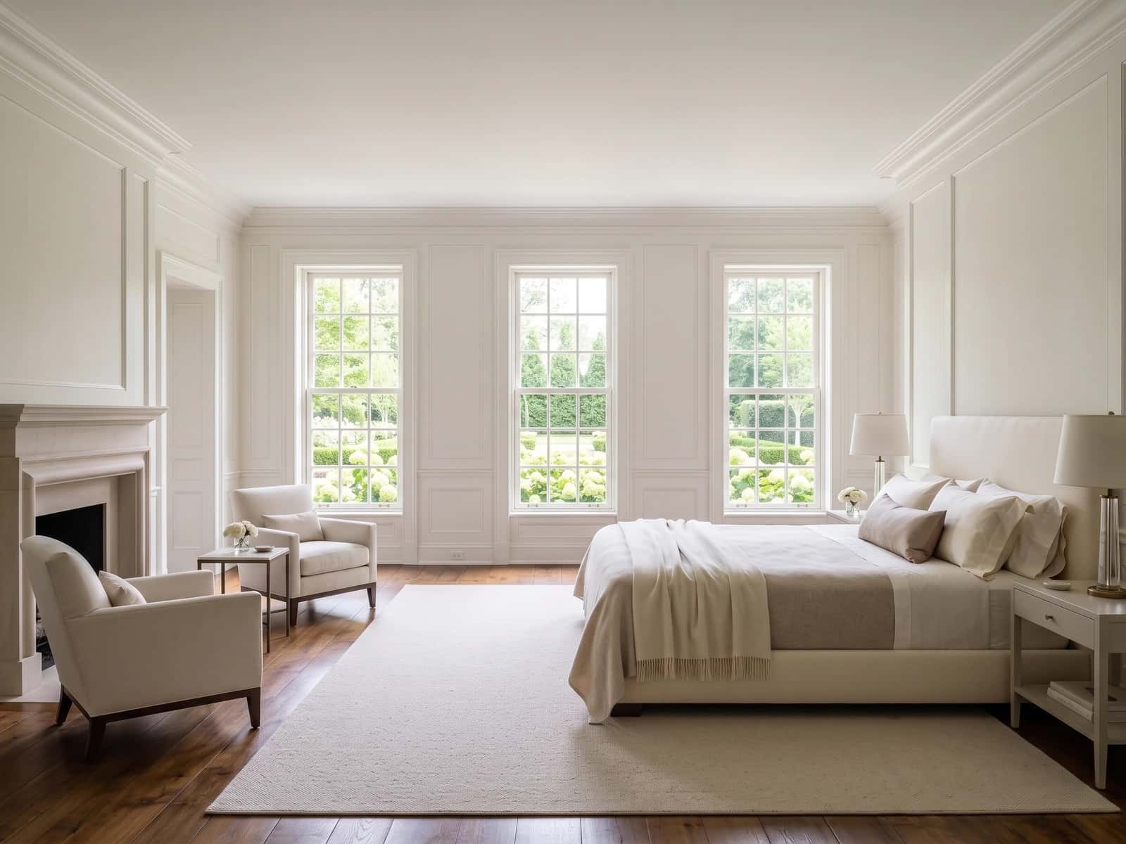 Serene primary suite with garden views