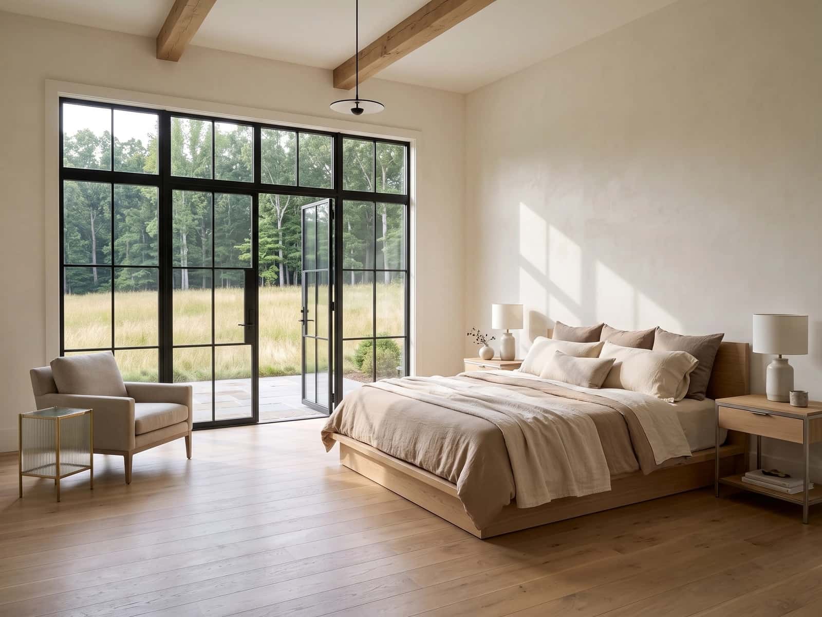 Main-level primary suite opening to the garden
