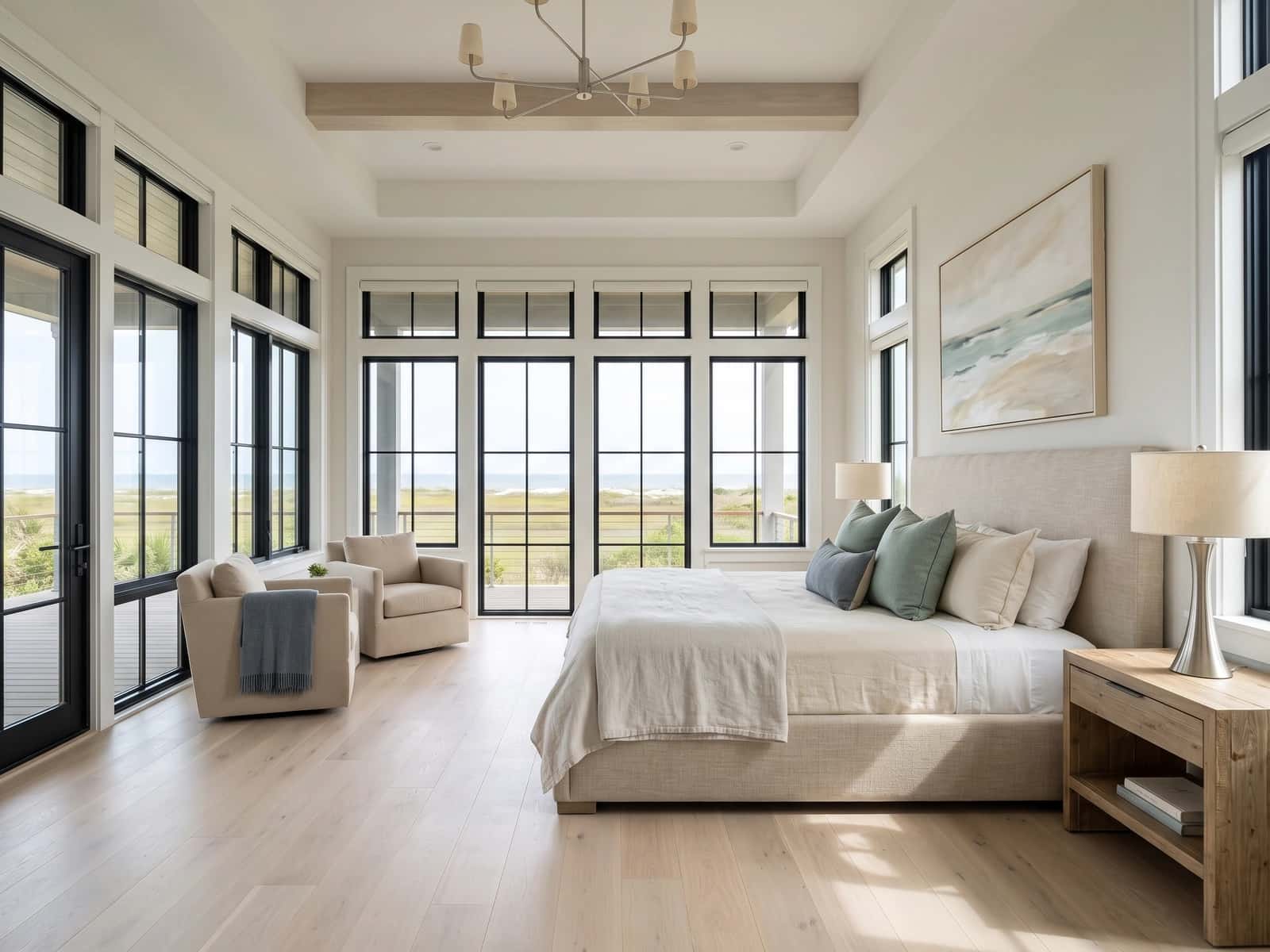 Relaxed primary suite with layered coastal textures
